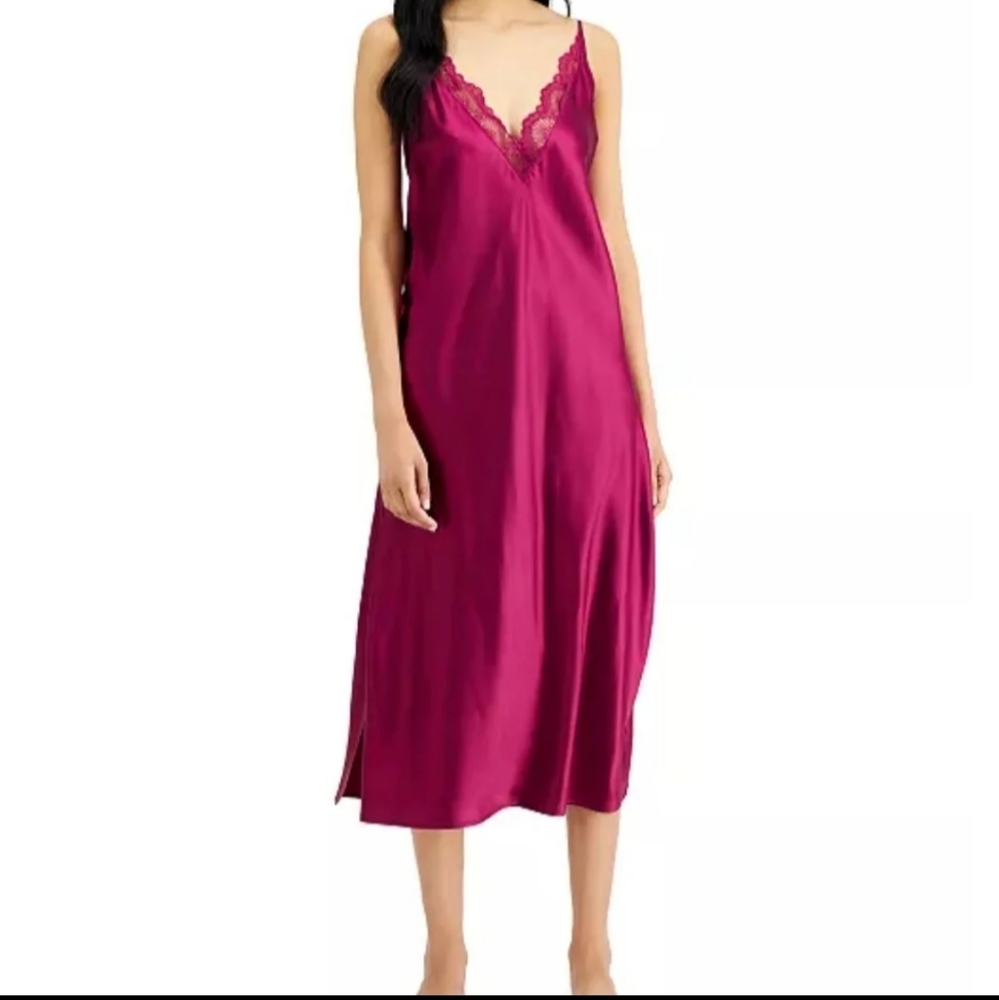 Lace-Trim Long Satin Chemise Nightgown